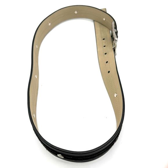 Vintage Ann Taylor Black Leather Belt M Velvet Trim Studs Distressed Buckle Y2K - Picture 6 of 8